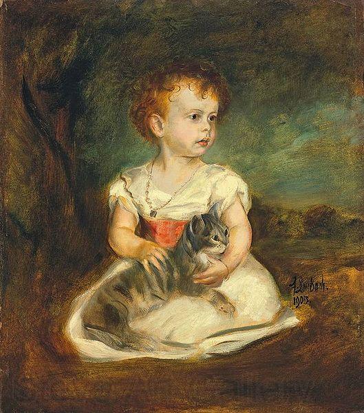 Franz von Lenbach Portrait of a little girl with cat Norge oil painting art